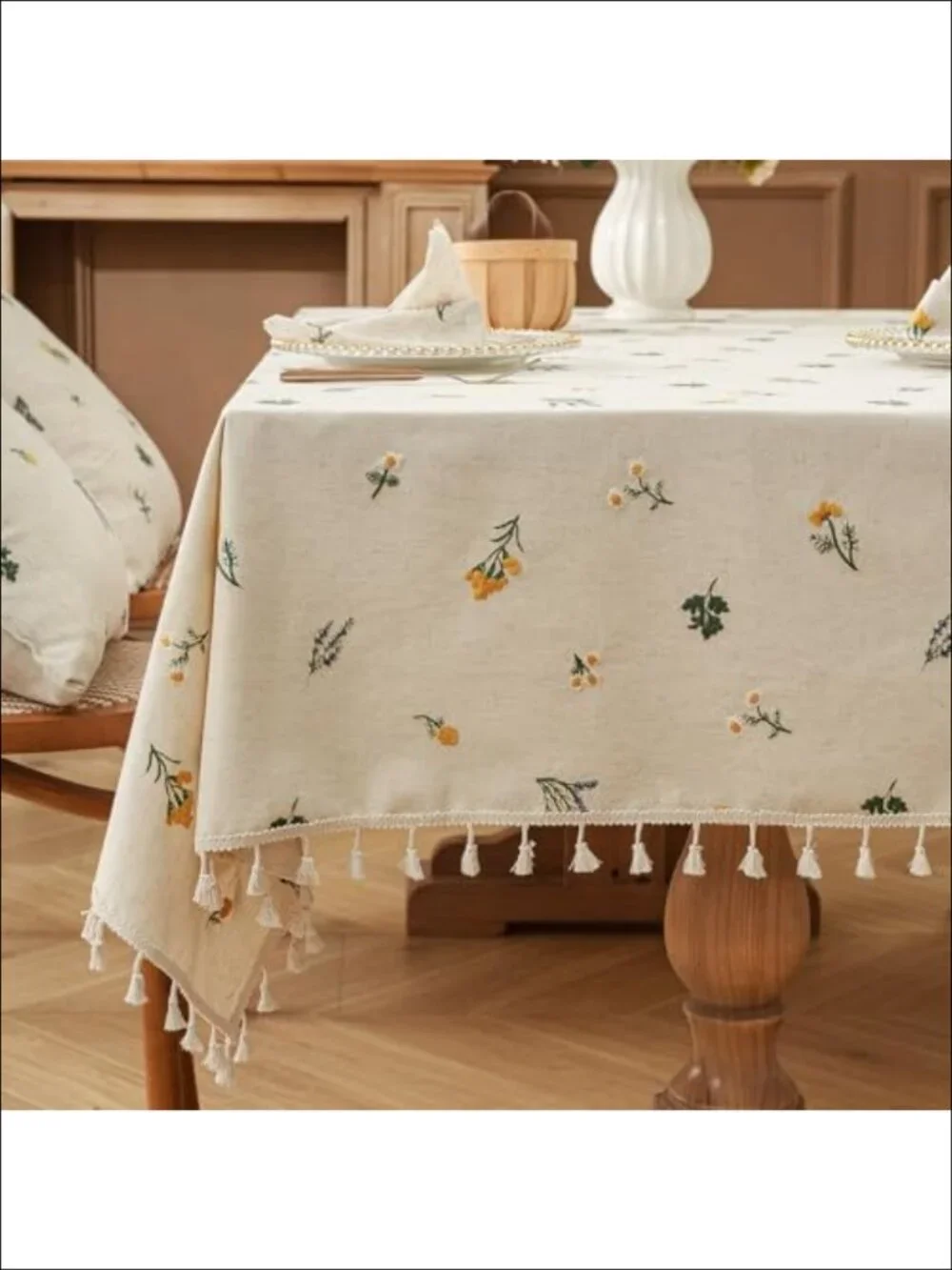 Boho Linen Blend Embroidered Daisy Tablecloth 60x60 with Tassel Fringe